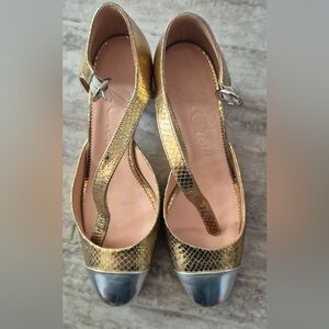 J. Crew Gold Snakeskin Heels with Silver Accents